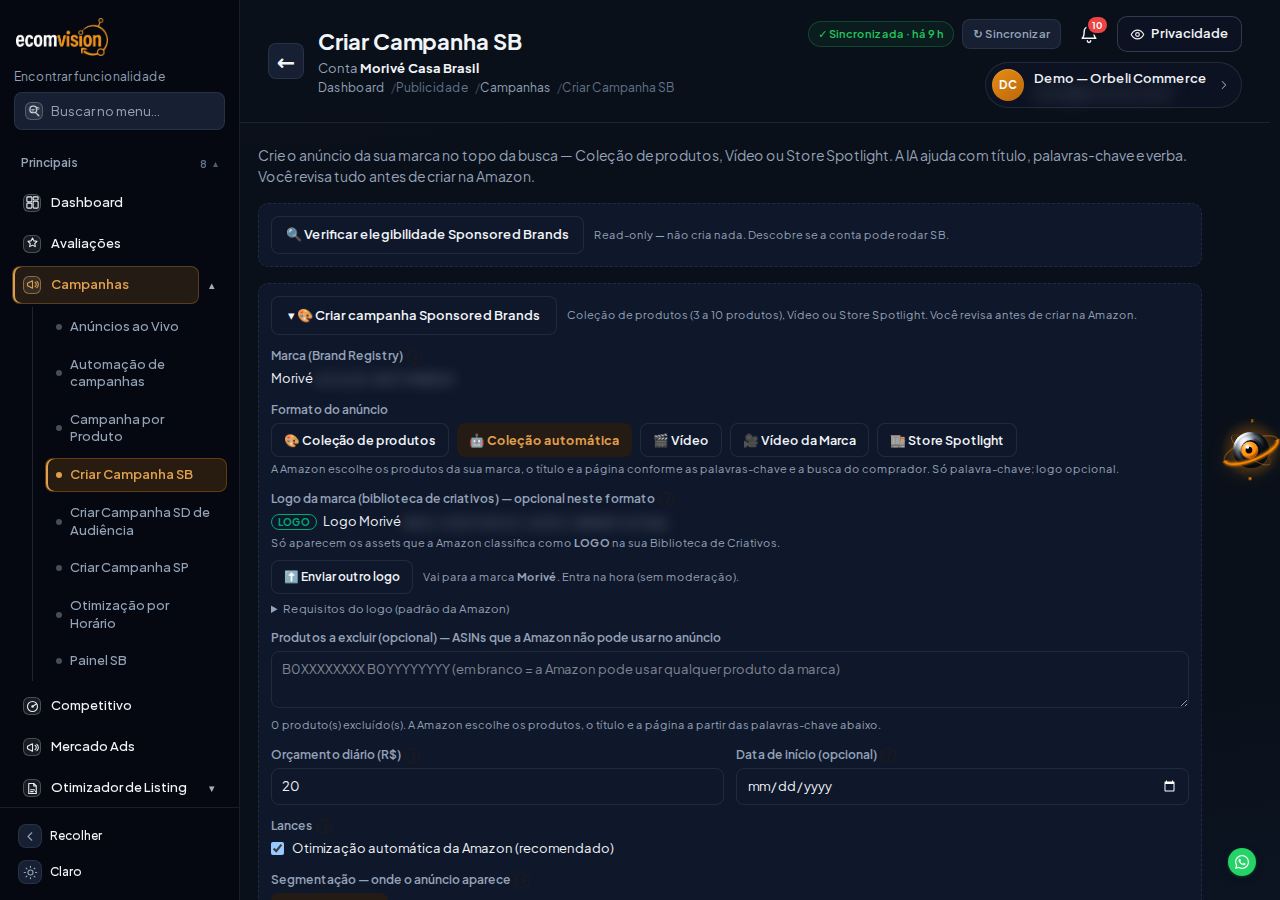 Tela Criar Campanha SB com o botão Coleção automática destacado em Formato do anúncio, logo opcional e o campo de produtos a excluir