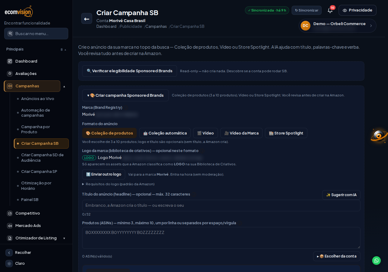 Tela Criar Campanha SB com o botão Coleção de produtos destacado em Formato do anúncio, logo opcional, título opcional de até 32 caracteres e o campo de 3 a 10 produtos