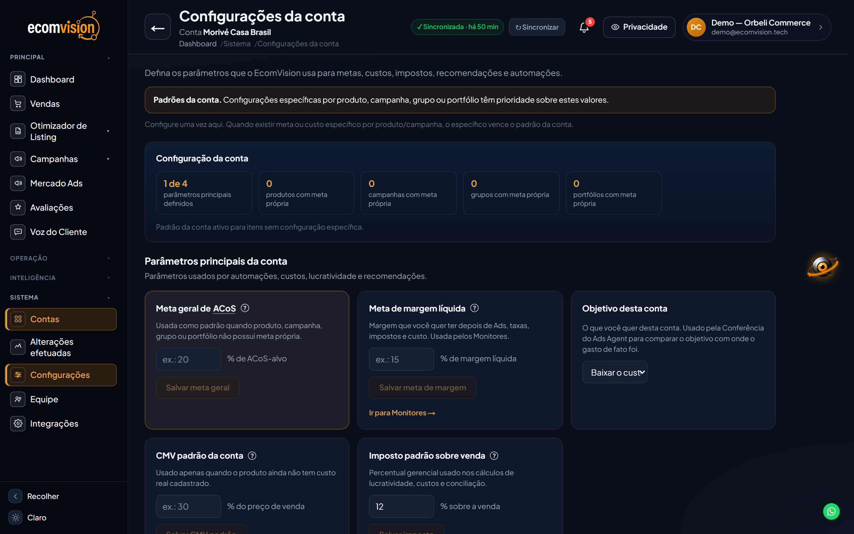 Tela de Configurações da conta no EcomVision, com o card 'Objetivo desta conta' e o seletor de objetivo (Crescer vendas, Baixar o custo de aquisição, Defender a marca).