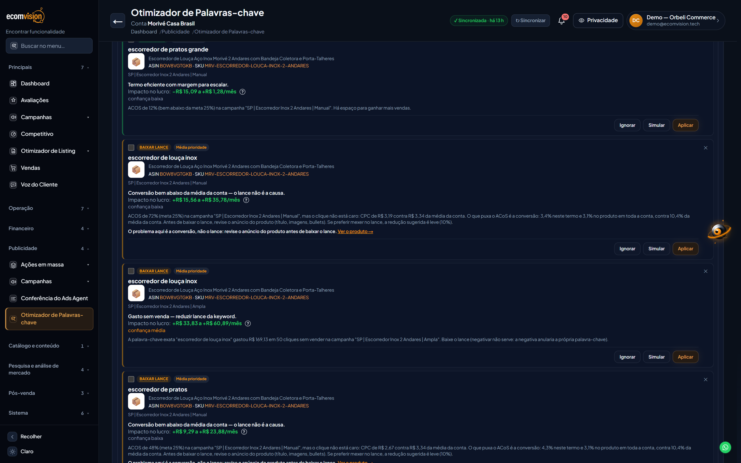 Otimizador de Palavras-chave no EcomVision com um cartão de conversão baixa: o texto mostra conversão de 3,4% no termo e 3,1% no produto contra 10,4% da média da conta, e o link Ver o produto.