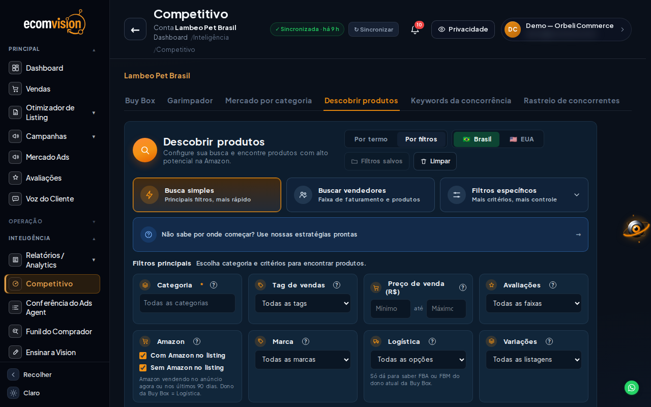Tela Descobrir Produtos da EcomVision, modo por filtros, com filtros de categoria, presença da Amazon e marca
