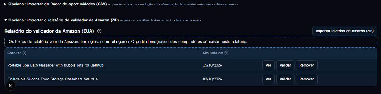 Seção Relatório do validador da Amazon (EUA) no Validar produto da EcomVision, com o botão Importar relatório da Amazon (ZIP) e dois relatórios importados com as ações Ver, Validar e Remover