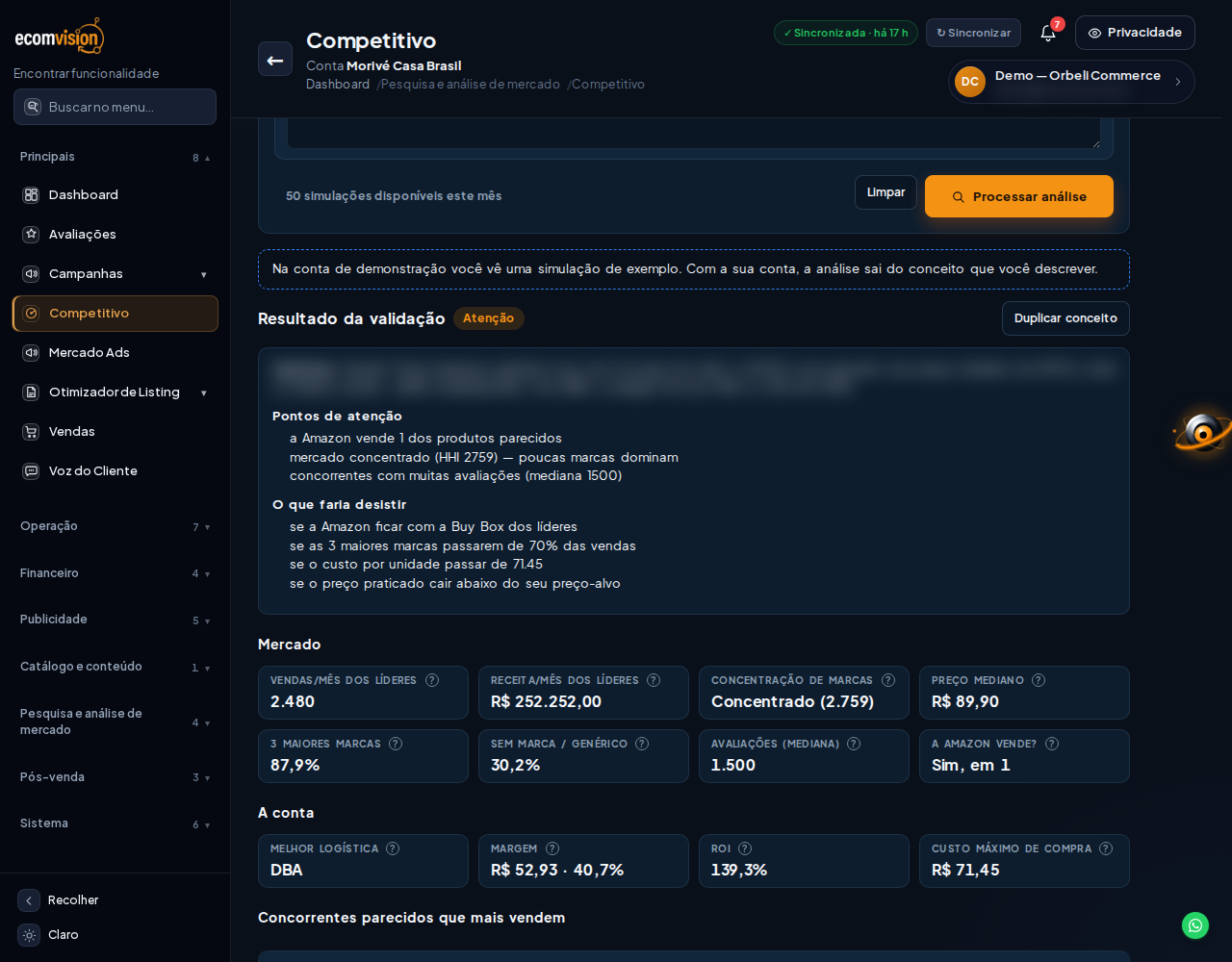 Resultado do Validar produto com veredito Atenção, pontos de atenção, mercado concentrado com HHI 2.759, margem de R$ 52,93 (40,7%), ROI de 139,3% e custo máximo de compra de R$ 71,45