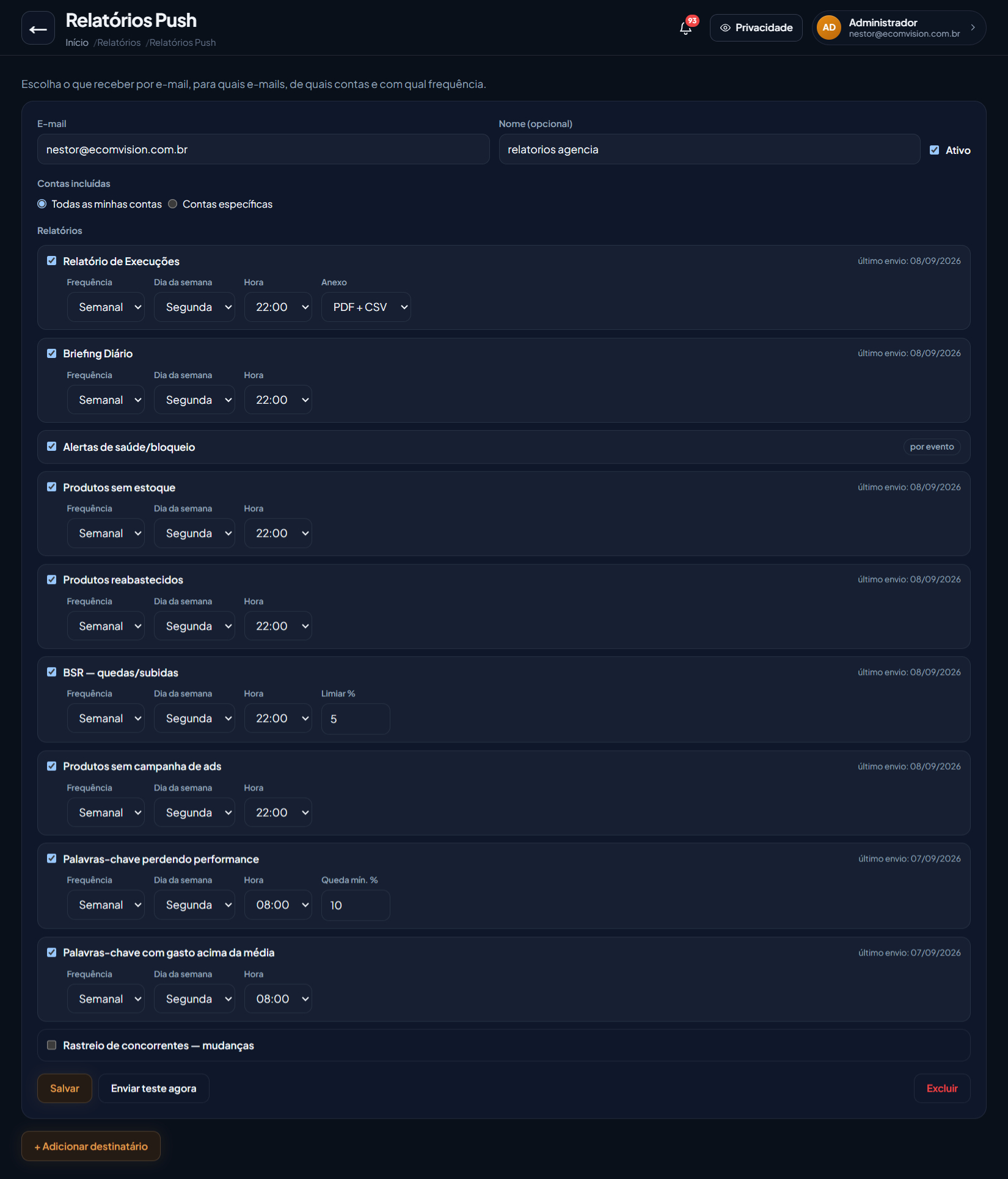 Tela de configuração do Relatórios Push no EcomVision, com um destinatário e a lista de relatórios com toggle, frequência, dia e hora