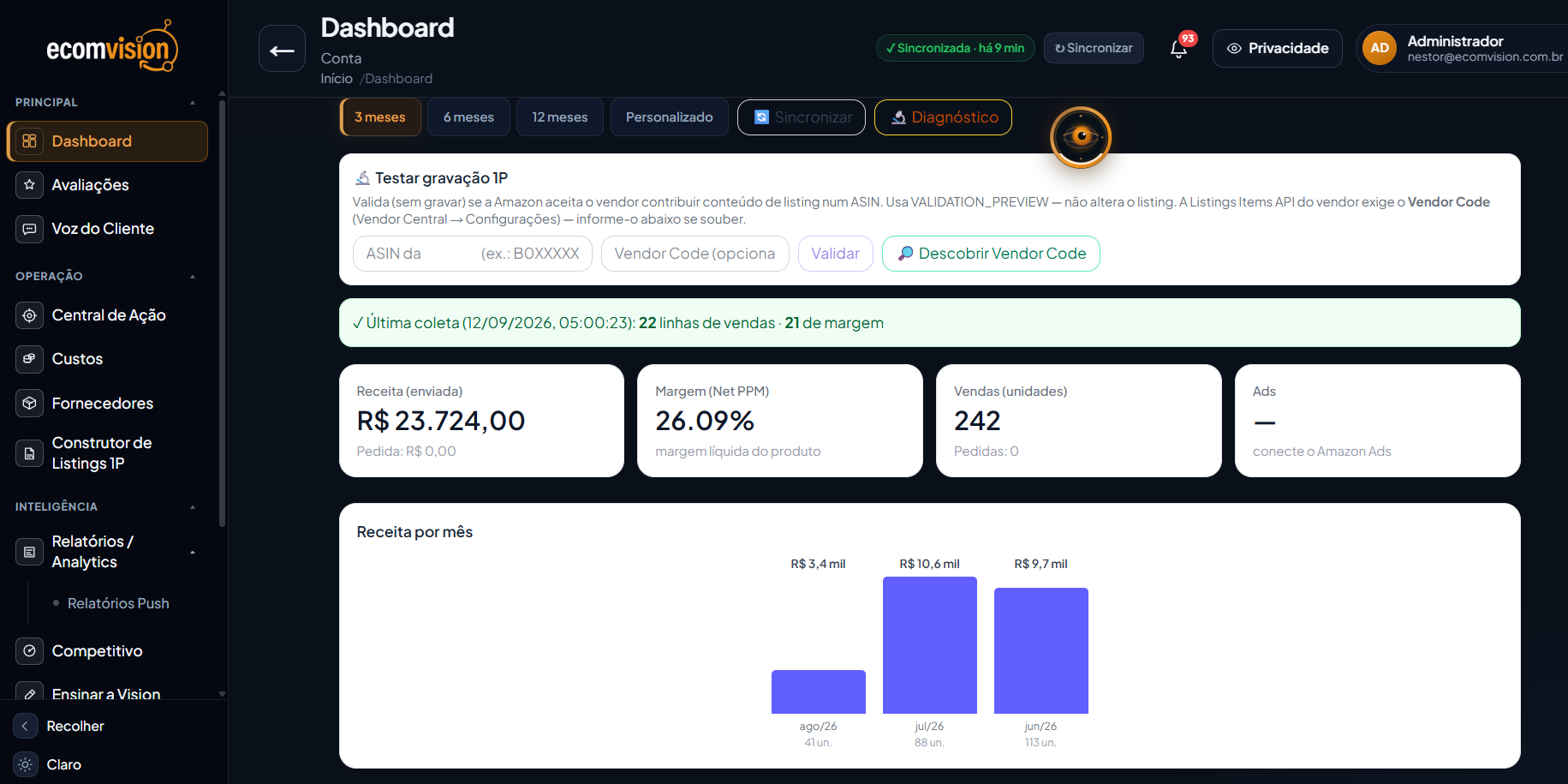 Dashboard 1P de uma conta Vendor real, com cards de Receita, Margem (Net PPM), Vendas e Ads, painel de Testar gravação 1P e gráfico de Receita por mês