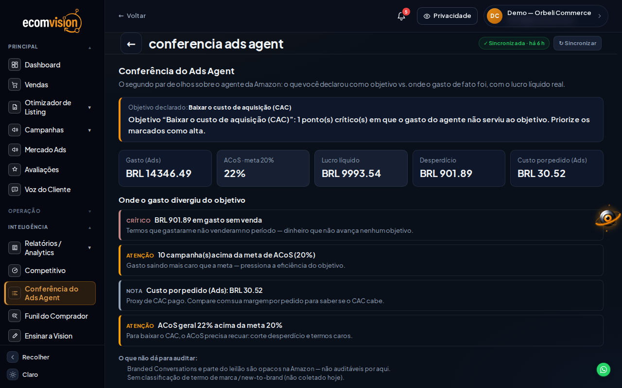 Tela do EcomVision: Conferência do Ads Agent no menu