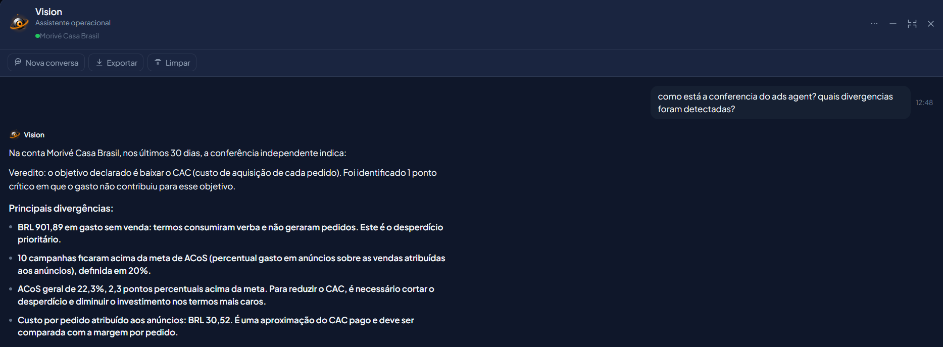 Tela do EcomVision: Copiloto Vision responde Conferência do Ads Agent